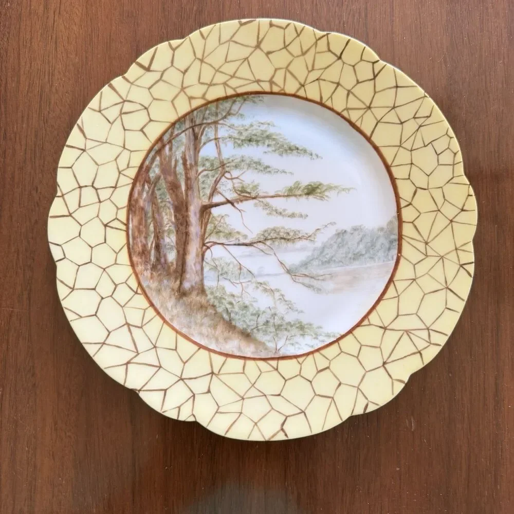 Antique H & Co Limoges Hand Painted Yellow Landscape Trees Rocky Coast 7 3/4”